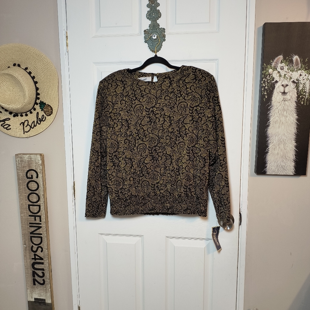 Vintage Frejani Black Shiny Metallic Gold Party Club Blouse Top Sz 18